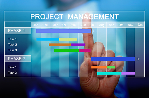 Project management timeline, schedule, tag cloud concept. Business, Technology, Internet and network concept background.