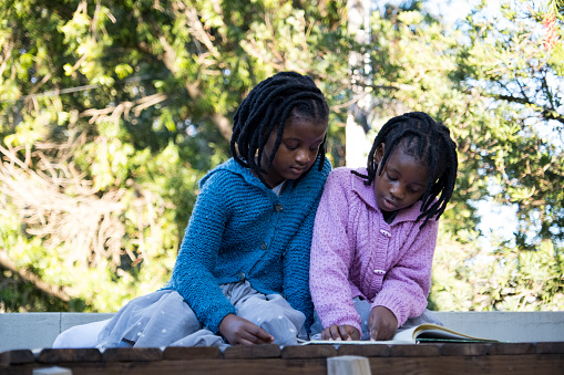 Two twin sisters sit on a wooden tree house and read a story book together. Young girls enjoys reading and being outdoors.