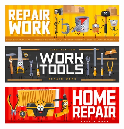 Cartoon repair DIY work tool characters, construction or handyman hardware, vector banners. DIY work tools with faces, funny hammer, screwdriver and chisel, carpentry and woodworking saw or spanner