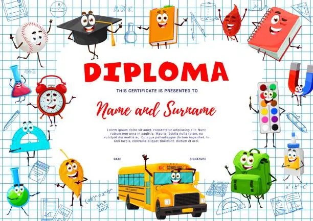 Vector illustration of Kids education diploma, school supply characters