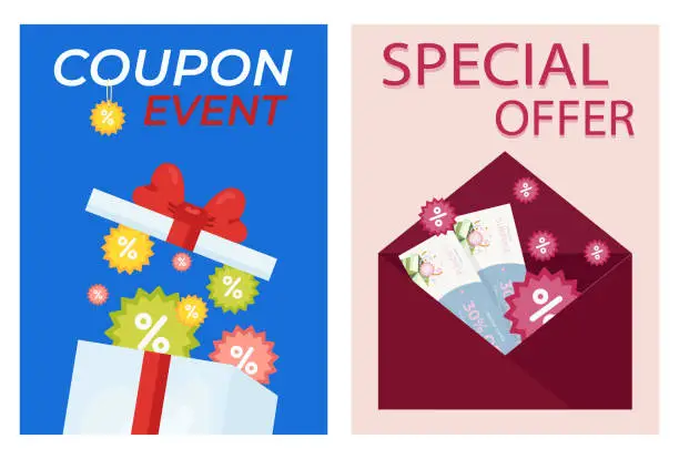 Vector illustration of Set of flyers, poster, poster, sticker, postcard with burgundy envelope with coupon, gift box with coupons, envelope with coupons. Coupon, discount, promotions. Voucher. Event coupon. Ready example, t