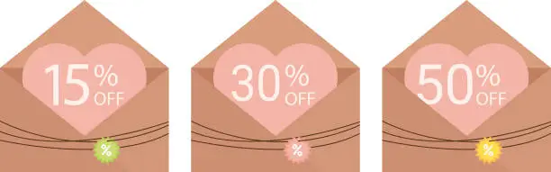 Vector illustration of A set of craft envelopes with coupons. Discount promotions, coupon event, discount, promotions. Lovely envelopes, discounts 15 percent, 30 percent, 50 percent. voucher