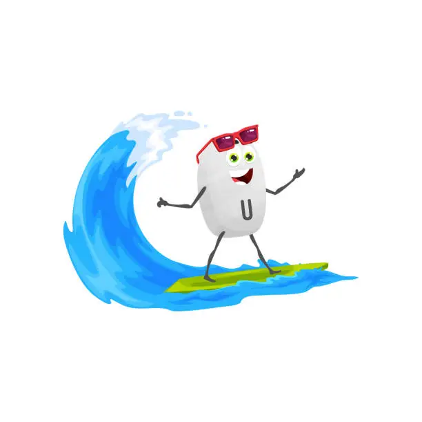 Vector illustration of Cartoon vitamin U character on surfboard on sea