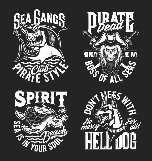 상어, 거북이, 도베르만, 해적 해골 티셔츠 - 도베르만 핀셔 stock illustrations
