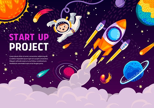 Fast start, cartoon spaceship rocket launch with chemtrail clouds. Vector space themed banner or landing page for business start up project with astronaut, spaceship takeoff and galaxy planets
