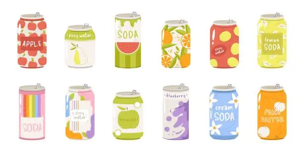 Vector illustration of Drinks in cans, different soda beverage can. Juicy limonade packaging design, fizzy soft refreshing juice. Summer party, cartoon snugly vector clipart