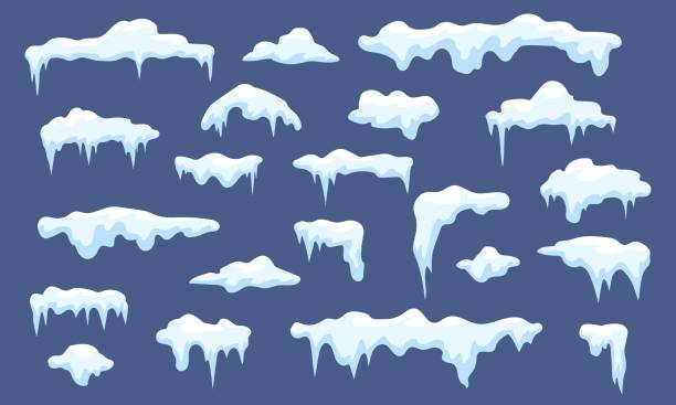 ilustraciones, imágenes clip art, dibujos animados e iconos de stock de nieve y hielo, gorras nevadas de invierno para el diseño del techo. elementos de la naturaleza estacional de dibujos animados, nevadas y carámbanos. carámbano que gotea, conjunto vectorial ajustado - icicle