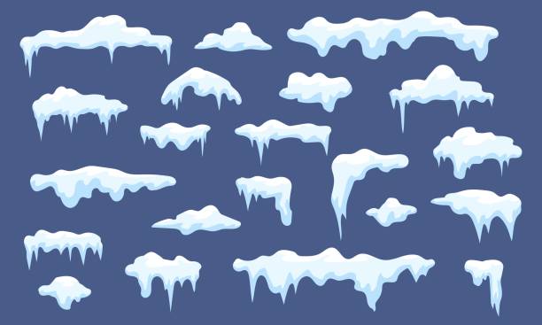 눈과 얼음, 지붕 디자인을위한 겨울 눈 덮인 모자. 만화 계절 자연 요소, 강설 및 고드름. 뚝뚝 떨어지는 고드름, 꼭 맞는 벡터 세트 - icicle stock illustrations