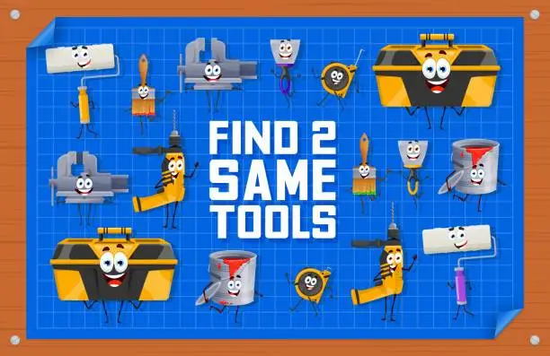 Vector illustration of Find two same cartoon repair DIY work tools, game
