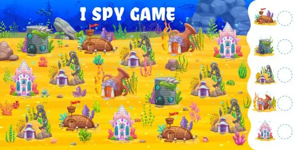 Vector illustration of I spy game cartoon fairytale underwater houses