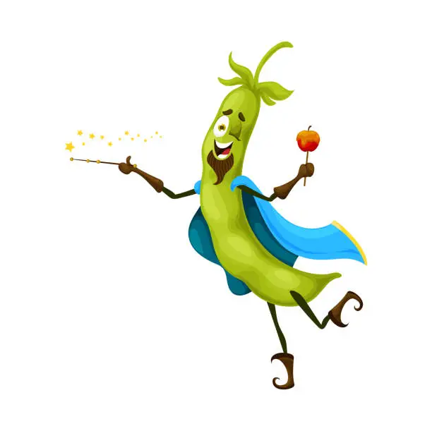 Vector illustration of Cartoon Halloween bean mage character, funny veg