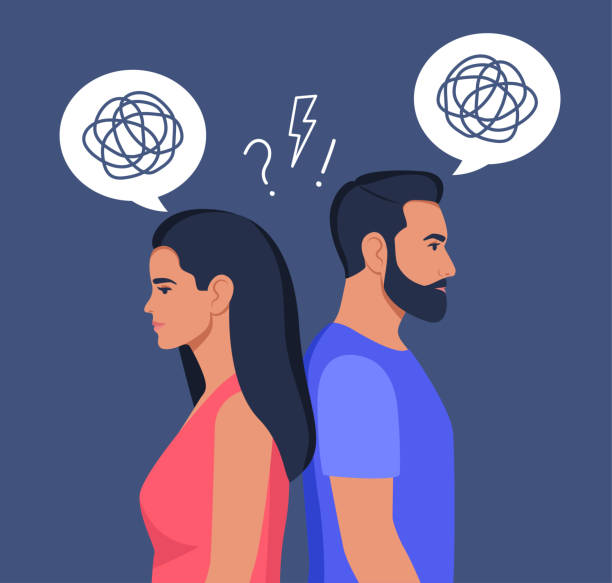istock Man and woman stand with their backs to each other, tangled thoughts in their head. Concept of divorce, misunderstanding, disagreement, relationship troubles. Man and woman in a quarrel. Vector. 1555181503