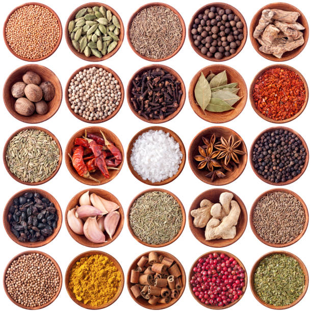 set of wooden bowls with different spices