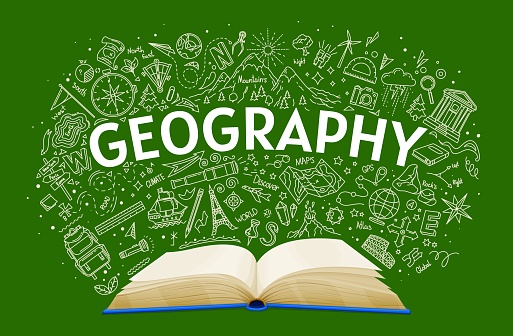 Geography textbook, school education book on vector chalkboard background. Geography classes open textbook with chalk doodle of world landmarks, travel compass and earth globe for student school study