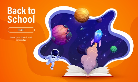 Landing page paper cut space landscape and opened book. Vector back to school education web banner template with cartoon rocket, planets and astronaut in galaxy world. Astronomy science, imagination