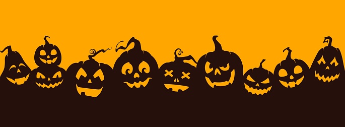 Halloween pumpkin silhouettes. Creepy Jack o lanterns, pumpkin carving evil smiling faces with sharp teeth. Halloween holiday vector background, backdrop or panorama wallpaper