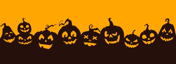 Halloween pumpkin silhouettes holiday background Halloween pumpkin silhouettes. Creepy Jack o lanterns, pumpkin carving evil smiling faces with sharp teeth. Halloween holiday vector background, backdrop or panorama wallpaper jack o lantern stock illustrations