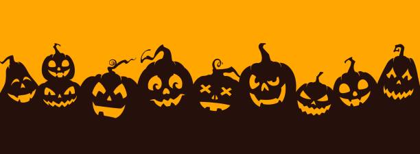 Halloween pumpkin silhouettes holiday background Halloween pumpkin silhouettes. Creepy Jack o lanterns, pumpkin carving evil smiling faces with sharp teeth. Halloween holiday vector background, backdrop or panorama wallpaper halloween lantern stock illustrations