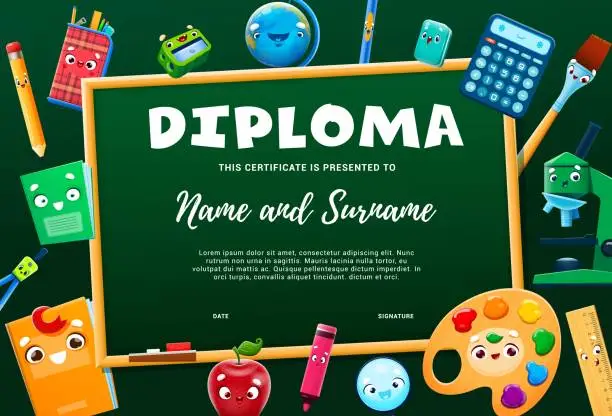Vector illustration of Kids diploma with cartoon school supply characters