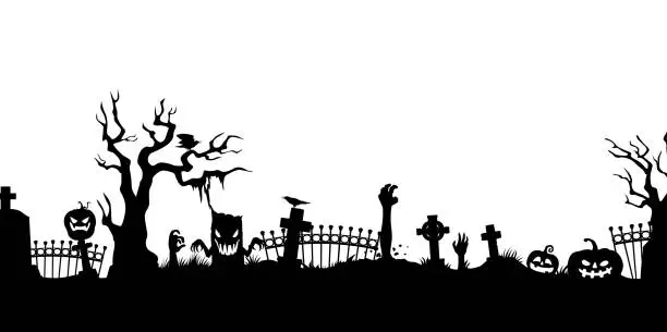Vector illustration of Halloween cemetery silhouette pumpkins and zombie