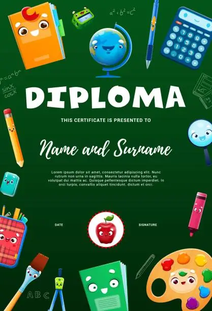 Vector illustration of Kids diploma with cartoon school supply characters