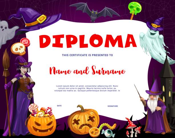 ilustraciones, imágenes clip art, dibujos animados e iconos de stock de diploma de niños de halloween, certificado de vector escolar - halloween witch frame wizard