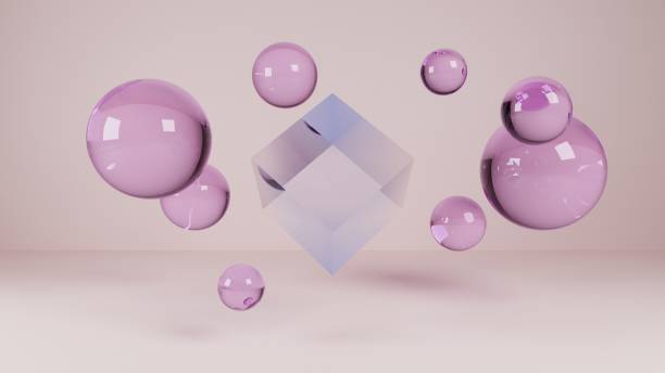 istock Transparent glass bubbles and crystal cube pedestal, 3d rendering 1555229745