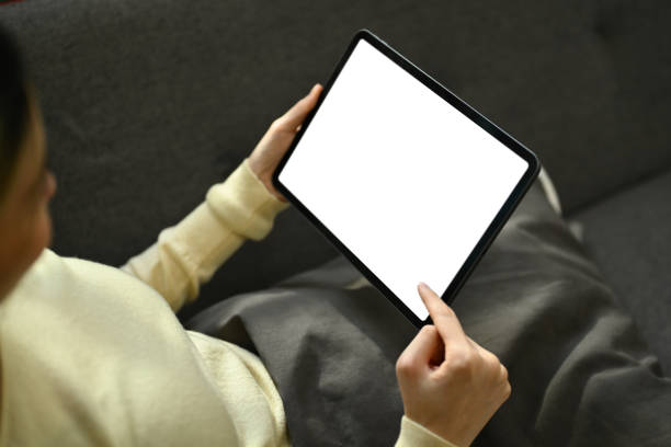 istock Young woman sitting on couch and using digital tablet. Empty screen for your advertising text message. 1555235137