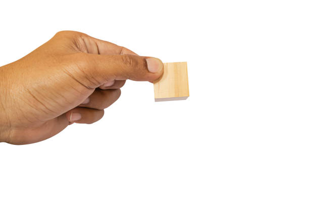 istock Hand putting wooden cube blocks isolated on white background. 1555244827