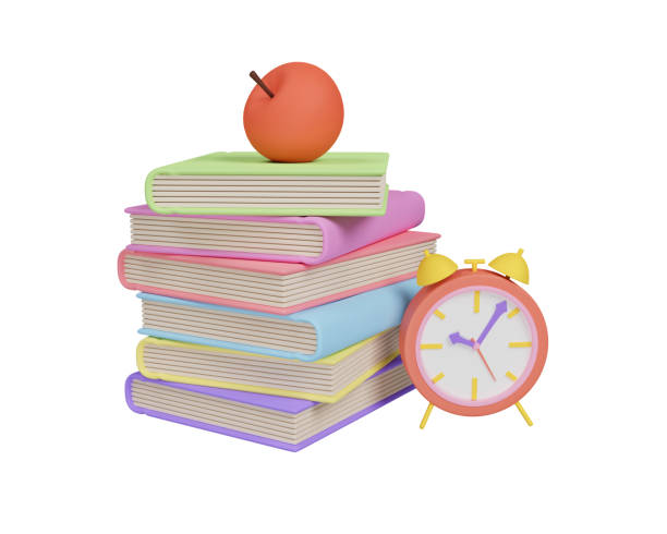 istock Books, alarm clock and apple, isolated on white. Education concept with books. 3d rendering 1555245939