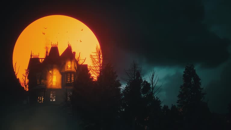 Halloween house horror  illuminated by the eerie light of a blood moon