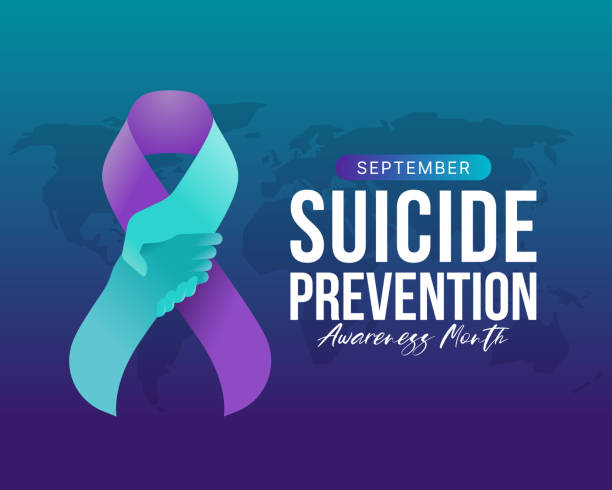 ilustraciones, imágenes clip art, dibujos animados e iconos de stock de texto del mes de concientización sobre la prevención del suicidio y concientización de la cinta púrpura verde azulado con la mano para dar signo de esperanza en el diseño vectorial de fondo de textura del mapa del mundo púrpura verde azulado oscuro - símbolo societal