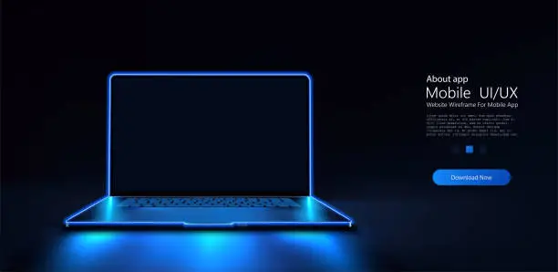 Vector illustration of portable neon computer with a blank screen and a desk in a dark room with blue lighting