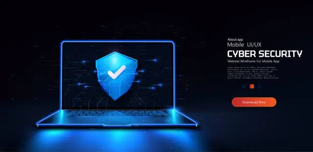 Vector illustration of Laptop protected with shield, Cyber Security