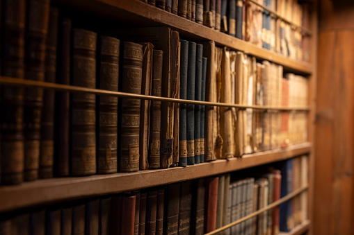 Front view from a book hall in a library. Through this image we can find things about education, study, school, science and much more.