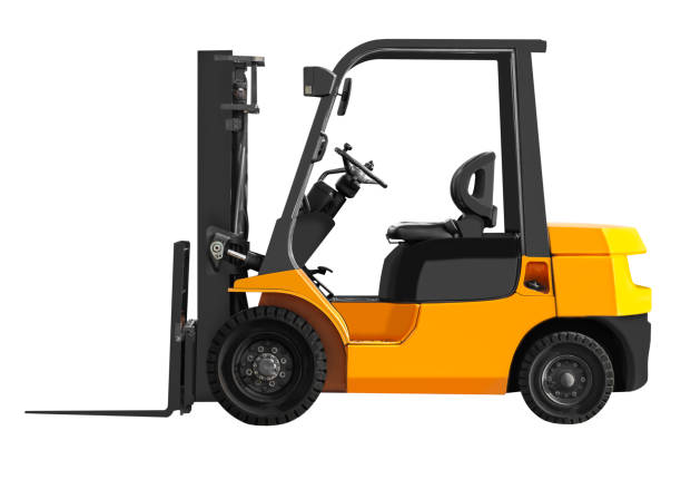 istock Side view yellow forklift isolated on white background with clipping path 1555299588