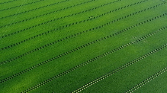 An aerial shot of farm field crops in the countryside