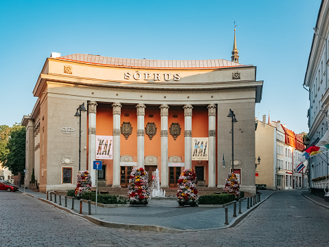 Tallinn, Estonia - 07 01 2023: Soprus cinema in Tallinn Old Town. Beautiful building with columns