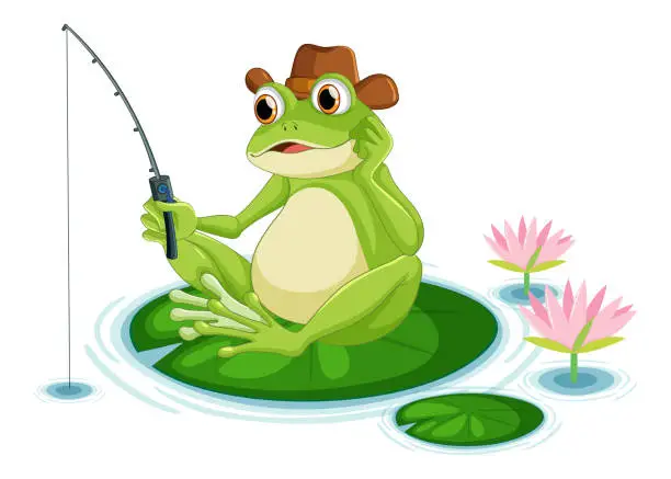 Vector illustration of Green Frog Fishing in the Pond Vector