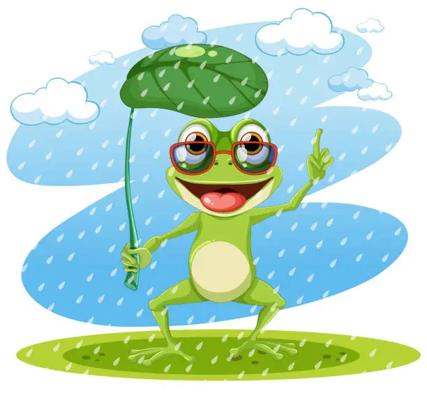 Vector illustration of Green Frog Cartoon Character Holding Leaf Umbrella