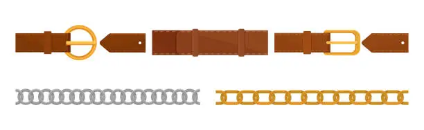 Vector illustration of Leather Belt with Metal Buckle and Chain Vector Set