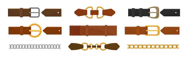 Vector illustration of Leather Belt with Metal Buckle and Chain Vector Set