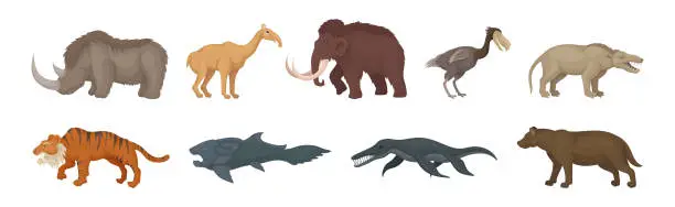 Vector illustration of Different Extinct Prehistoric Animals and Beast Vector Set