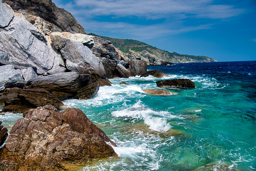 Agios Ioannis Beach and coastline in Skopelos, Greece.