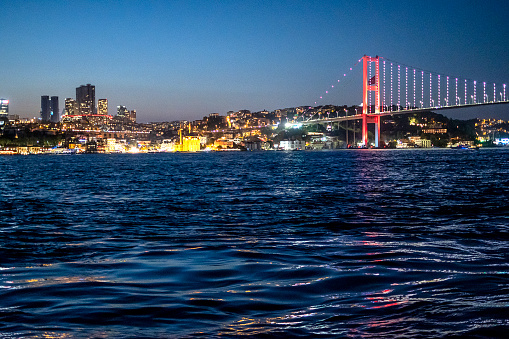 Istanbul, Turkey : July 18, 2023: Istanbul bosphorus night, Ortakoy Mosque and Bosphorus Bridge, Turkey