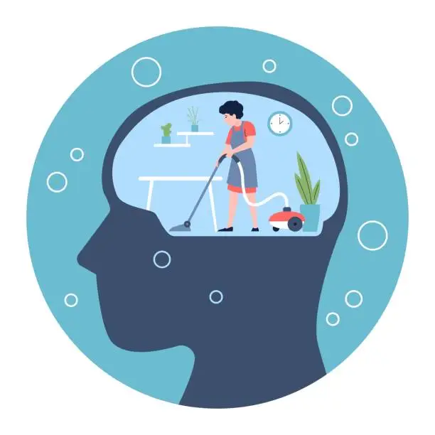 Vector illustration of Mind cleaning, brain and mental health detox. Person care inside head, clean space for positive life. Meditation, thought hygiene recent vector scene
