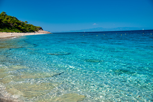 Milia Beach in summer season, Skopelos, Greece.