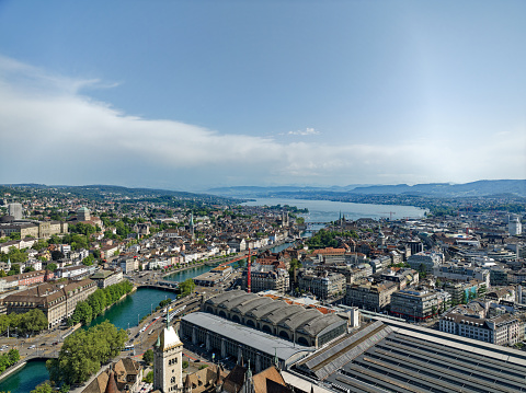 Aerial view of Swiss City of Zürich with main railway station, Limmat River and Lake Zürich on a hot sunny summer day. Photo taken July 18th, 2023, Zurich, Switzerland.