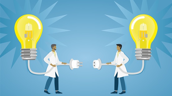 Banner, connecting ideas, research and development. Two men connecting their lightbulbs with shiny ideas. Teamwork, cooperation, supervision. Researcher, scientists, health care people finding solution.