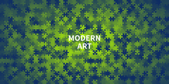 Modern and trendy background. Abstract design composed of jigsaw puzzle pieces with beautiful color gradient. This illustration can be used for your design, with space for your text (colors used: Green, Blue). Vector Illustration (EPS file, well layered and grouped), wide format (2:1). Easy to edit, manipulate, resize or colorize. Vector and Jpeg file of different sizes.